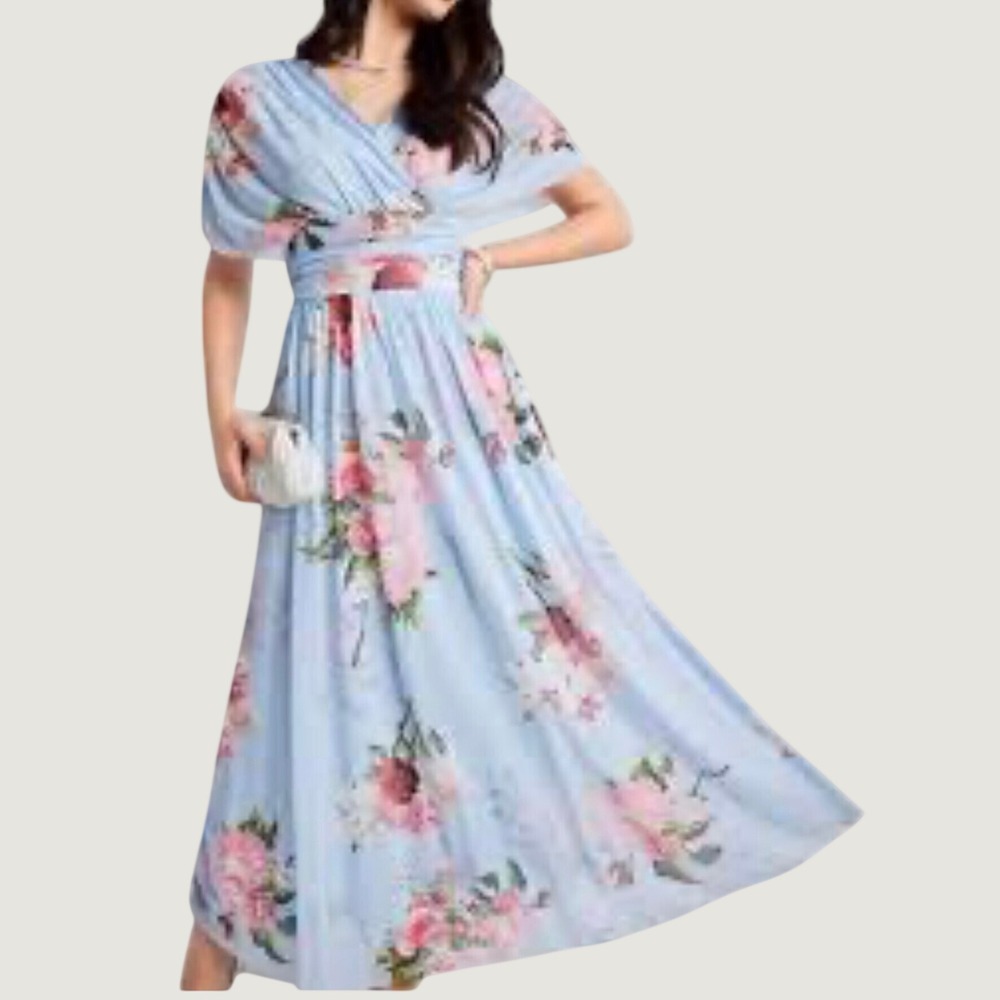 SHEIN Modely Light Blue Pink Floral Mesh V-Neck Maxi Dress Size L NWT